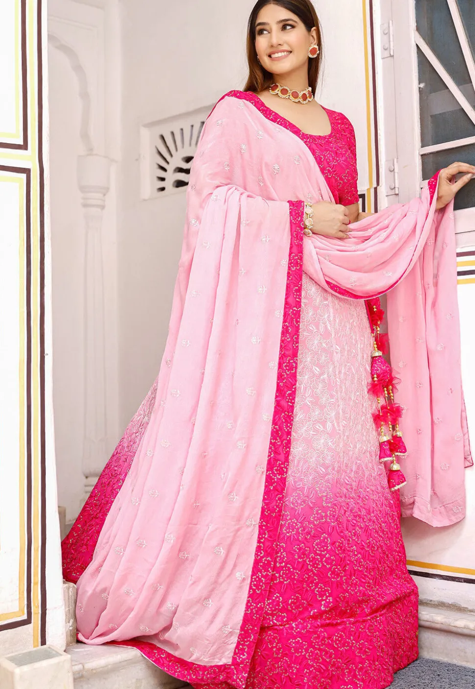 Embroidered Georgette Lehenga in Shaded Pink
