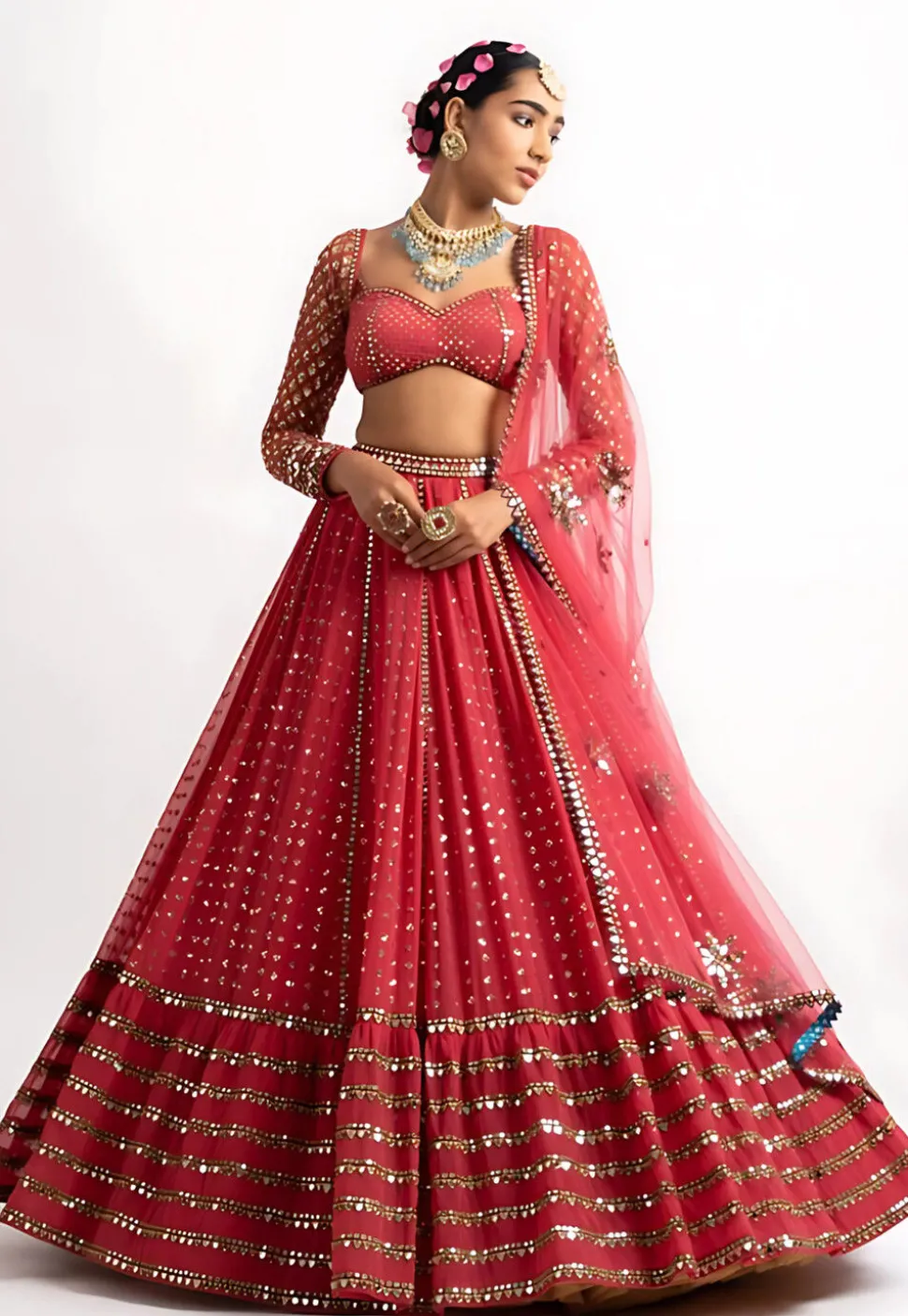 Embroidered Georgette Lehenga in Red