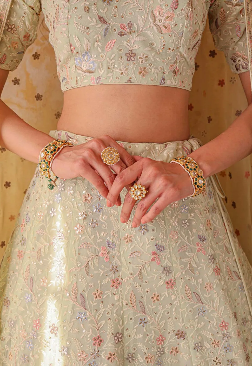 Embroidered Georgette Lehenga in Light Olive Green