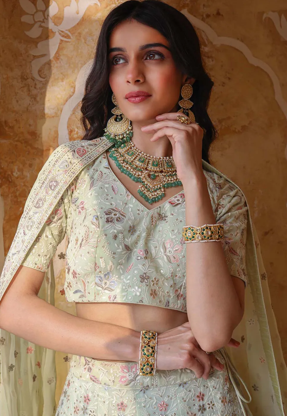 Embroidered Georgette Lehenga in Light Olive Green