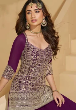 Embroidered Georgette Lehenga in Purple
