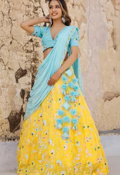 Embroidered Georgette Lehenga in Yellow