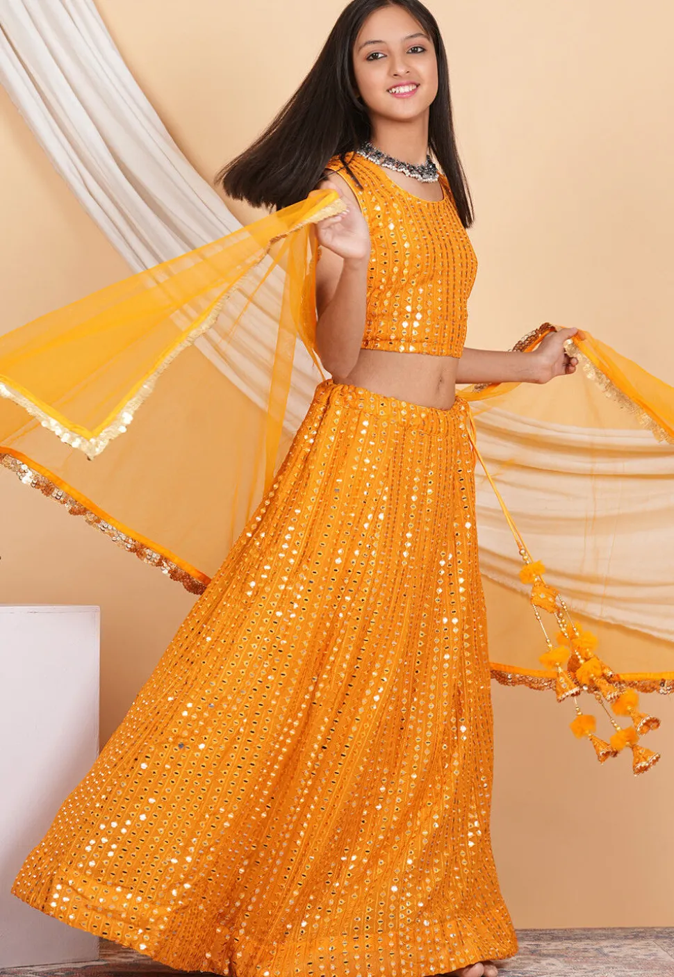 Embroidered Georgette Lehenga in Orange