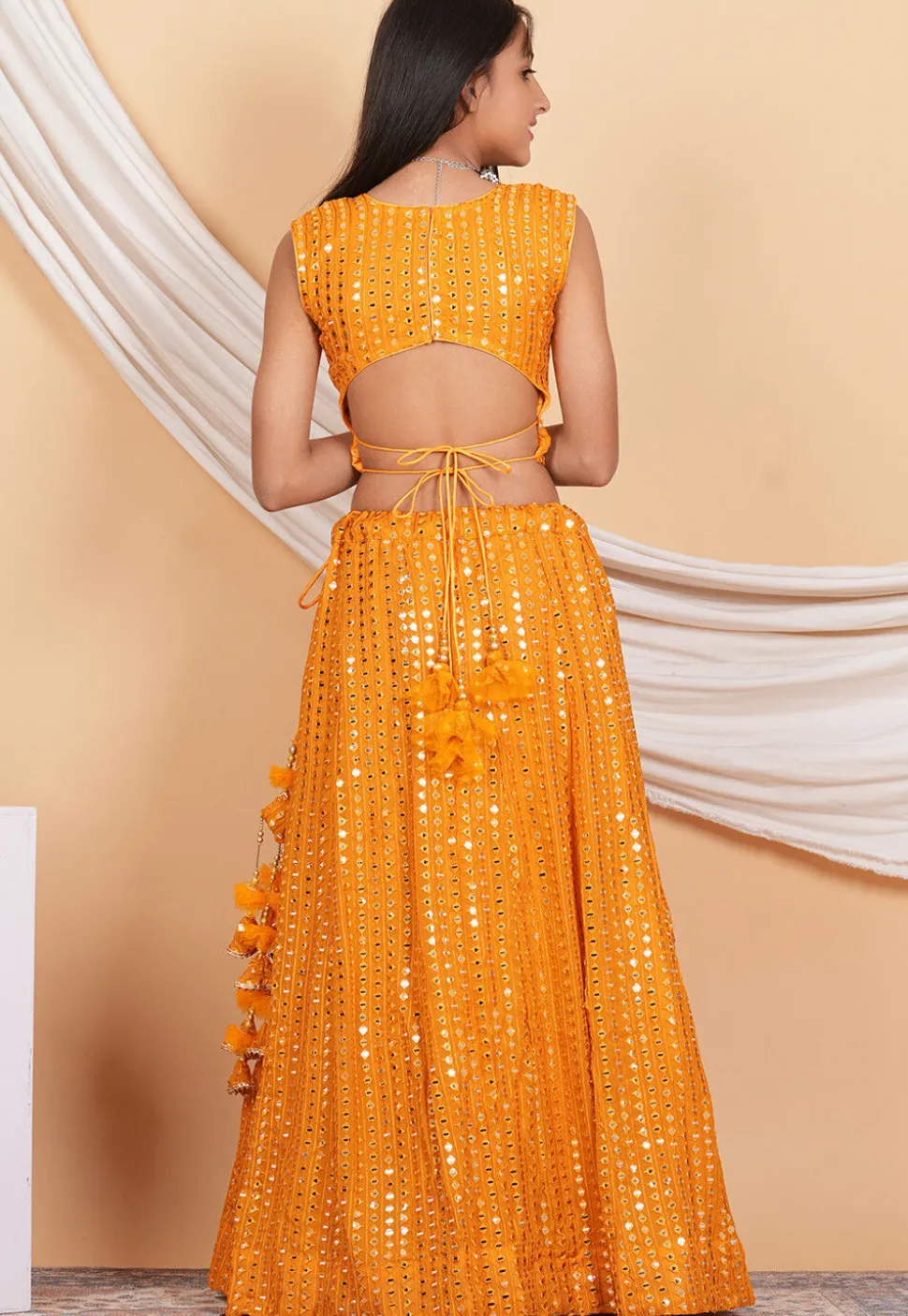 Embroidered Georgette Lehenga in Orange