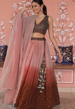 Embroidered Georgette Lehenga in Shaded Brown and Peach