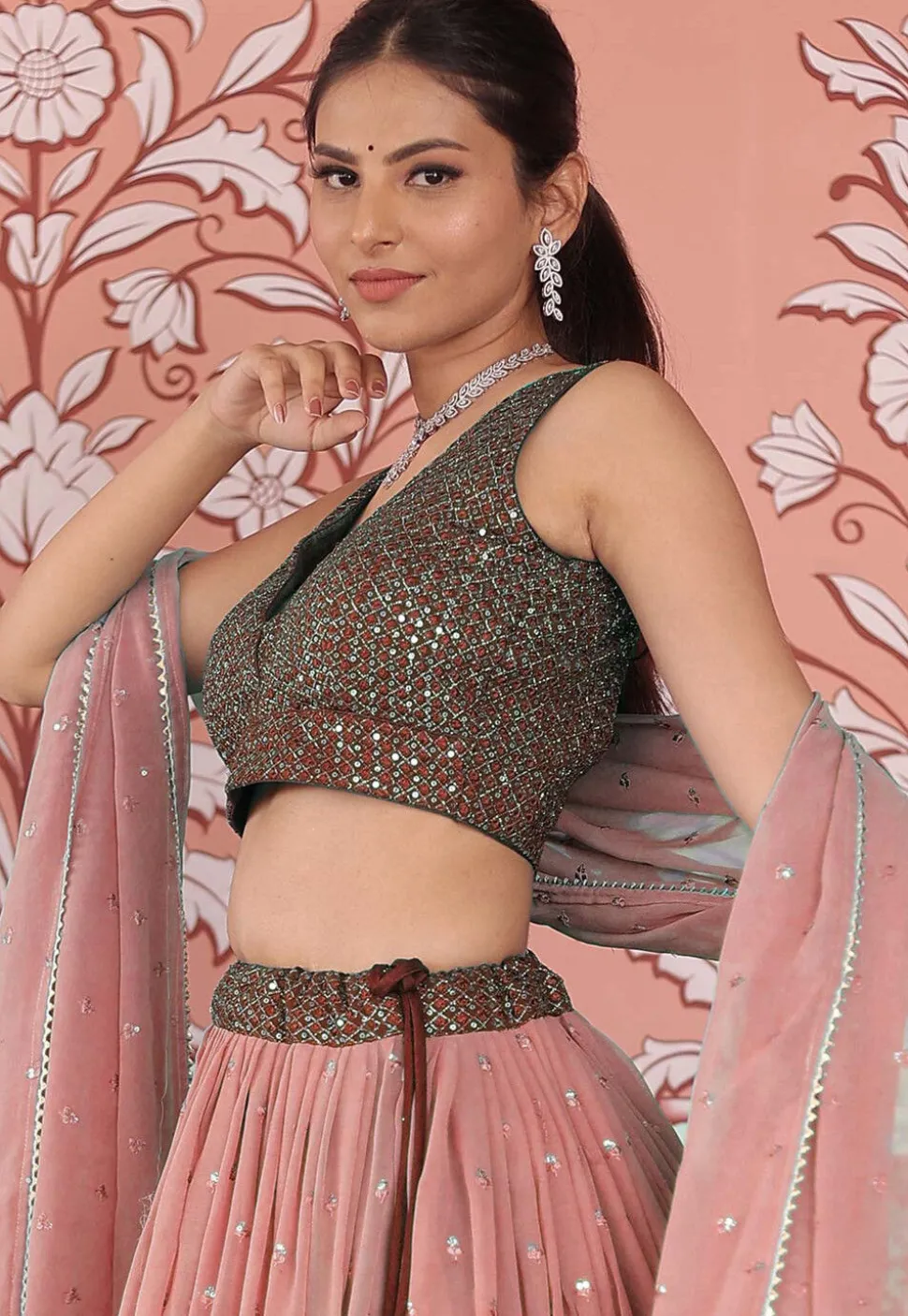 Embroidered Georgette Lehenga in Shaded Brown and Peach