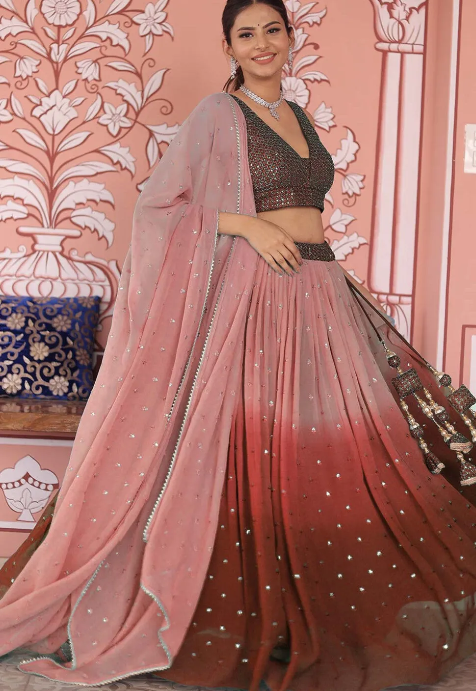 Embroidered Georgette Lehenga in Shaded Brown and Peach