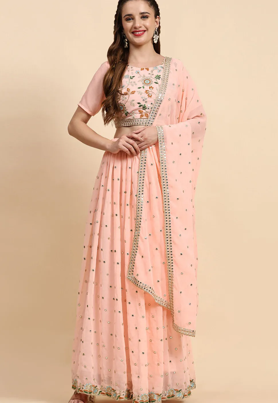 Embroidered Georgette Lehenga in Peach