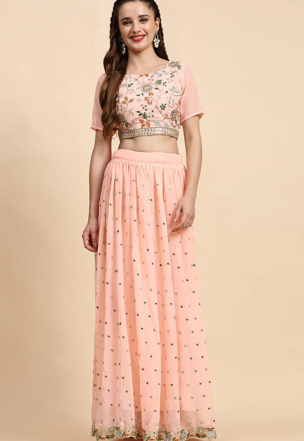 Embroidered Georgette Lehenga in Peach