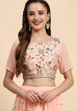 Embroidered Georgette Lehenga in Peach