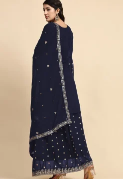 Embroidered Georgette Lehenga in Navy Blue