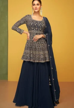 Embroidered Georgette Lehenga in Navy Blue