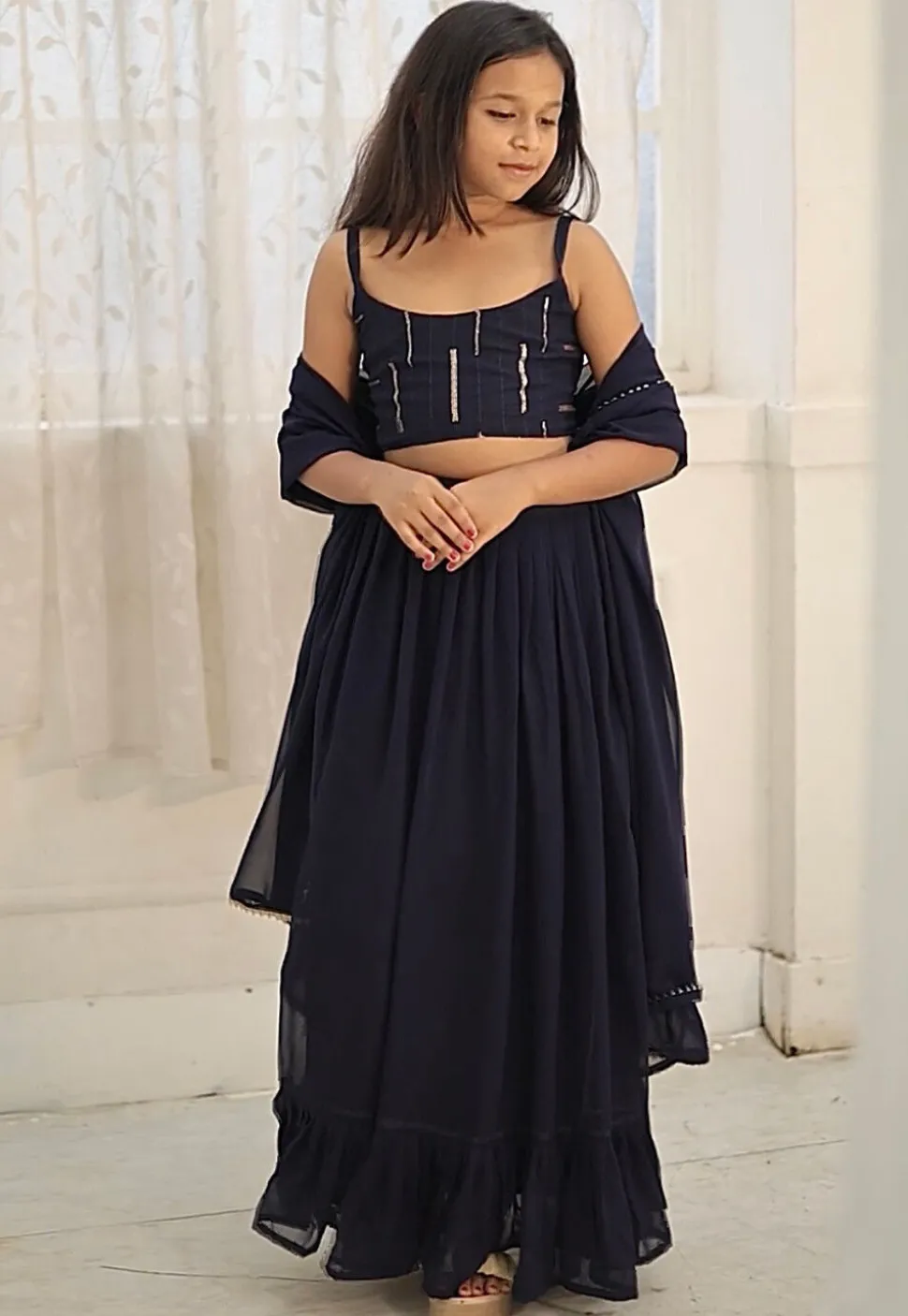 Embroidered Georgette Lehenga in Navy Blue