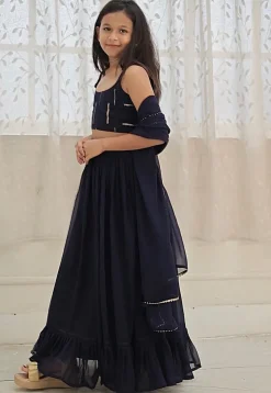 Embroidered Georgette Lehenga in Navy Blue