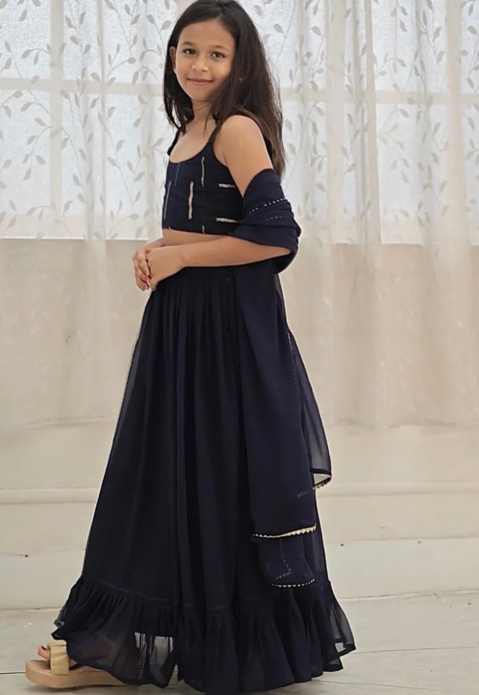 Embroidered Georgette Lehenga in Navy Blue