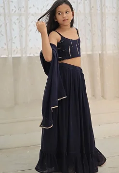 Embroidered Georgette Lehenga in Navy Blue