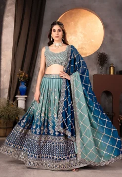 Embroidered Georgette Lehenga in Dusty Green and Blue