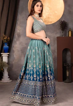 Embroidered Georgette Lehenga in Dusty Green and Blue
