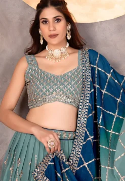 Embroidered Georgette Lehenga in Dusty Green and Blue