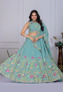 Embroidered Georgette Lehenga in Light Blue