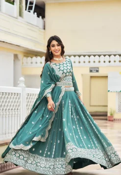 Embroidered Georgette Lehenga in Teal Blue