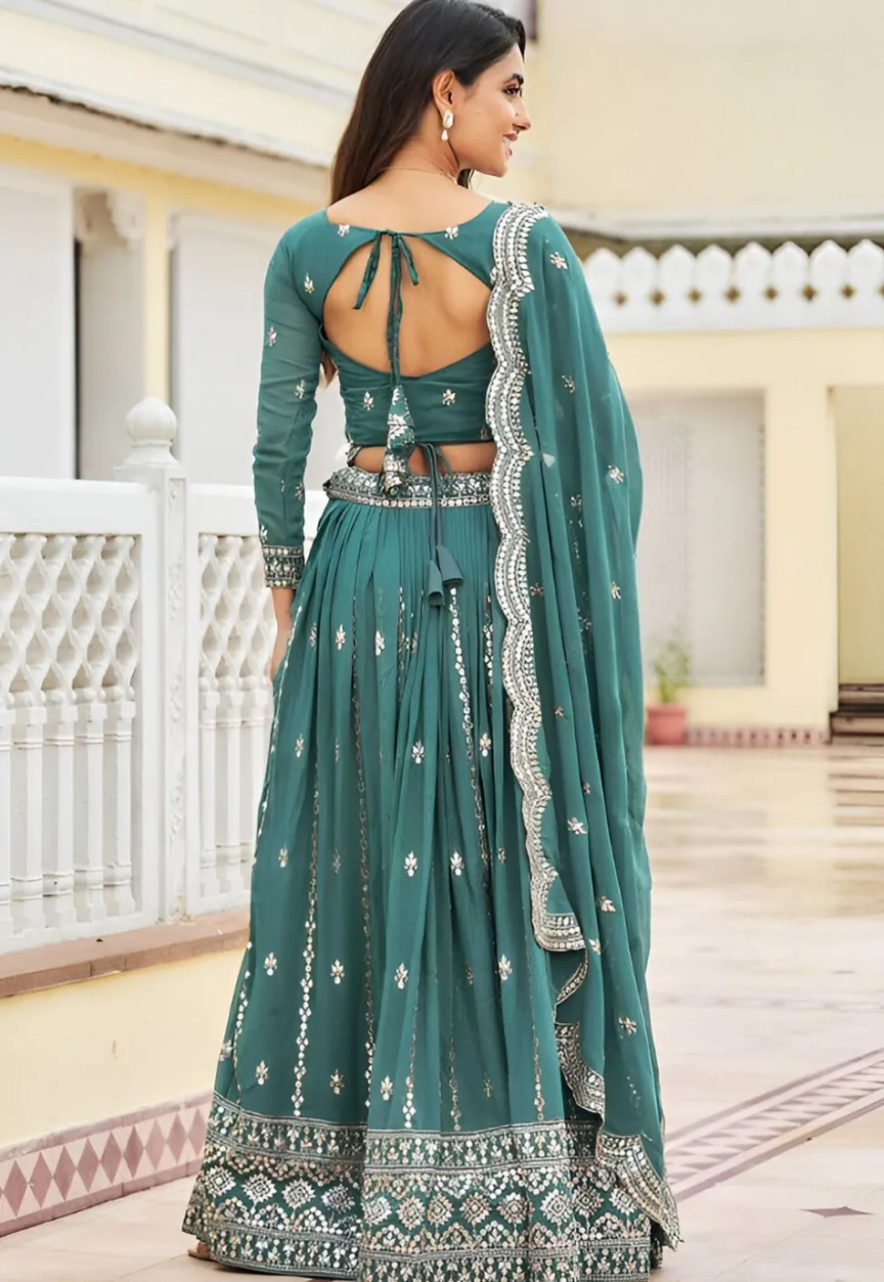 Embroidered Georgette Lehenga in Teal Blue