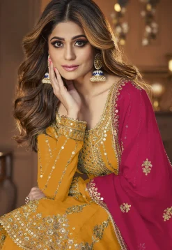 Embroidered Georgette Lehenga in Yellow