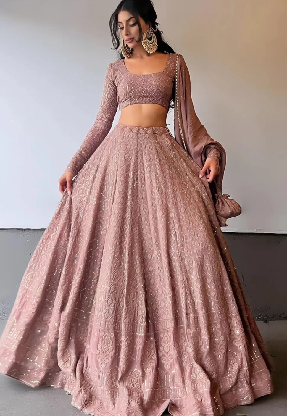 Embroidered Georgette Lehenga in Dusty Purple