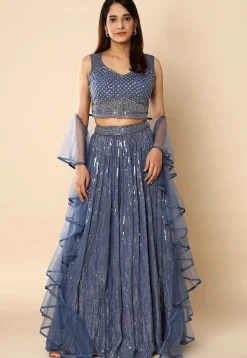 Embroidered Georgette Lehenga in Blue