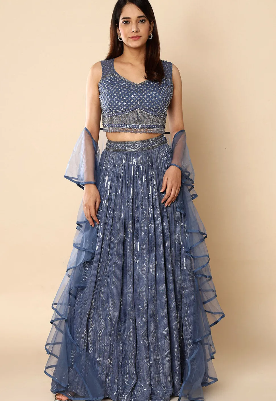 Embroidered Georgette Lehenga in Blue