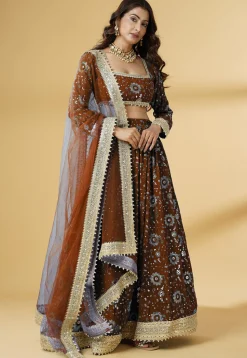 Embroidered Georgette Lehenga in Brown