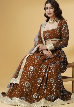 Embroidered Georgette Lehenga in Brown