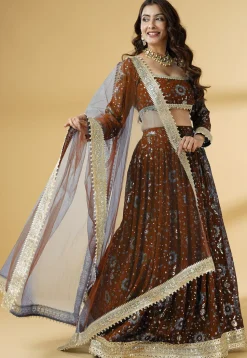 Embroidered Georgette Lehenga in Brown