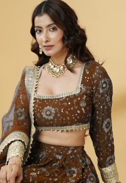 Embroidered Georgette Lehenga in Brown