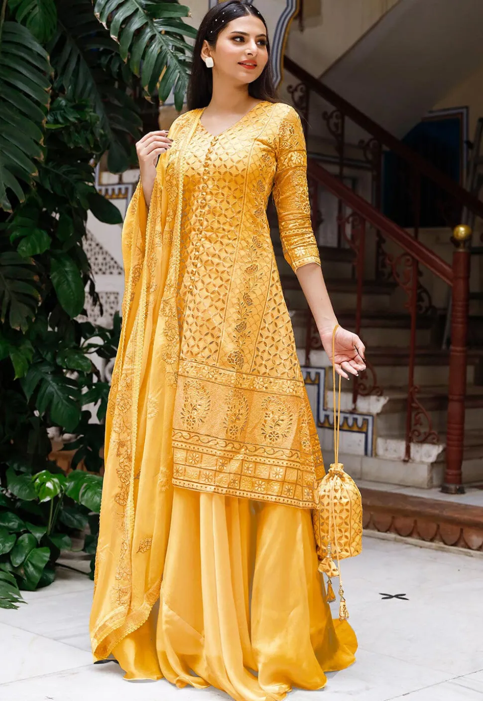 Embroidered Georgette Lehenga in Light Mustard