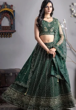 Embroidered Georgette Lehenga in Green