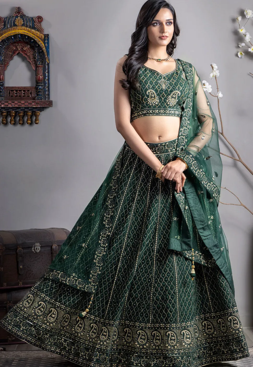 Embroidered Georgette Lehenga in Green