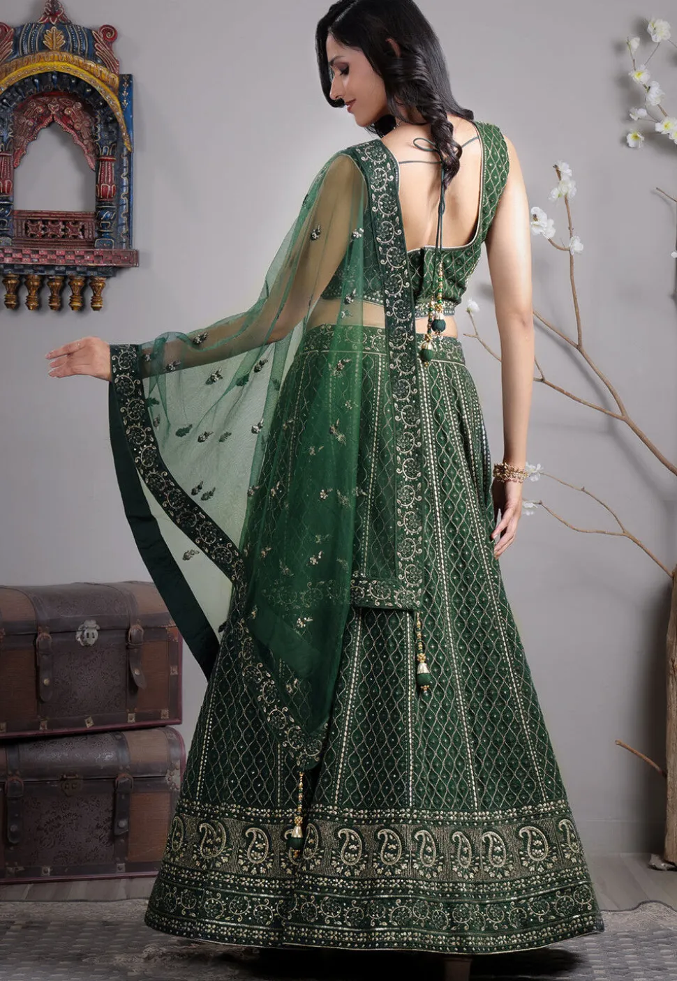 Embroidered Georgette Lehenga in Green