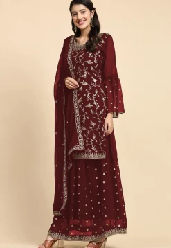 Embroidered Georgette Lehenga in Maroon