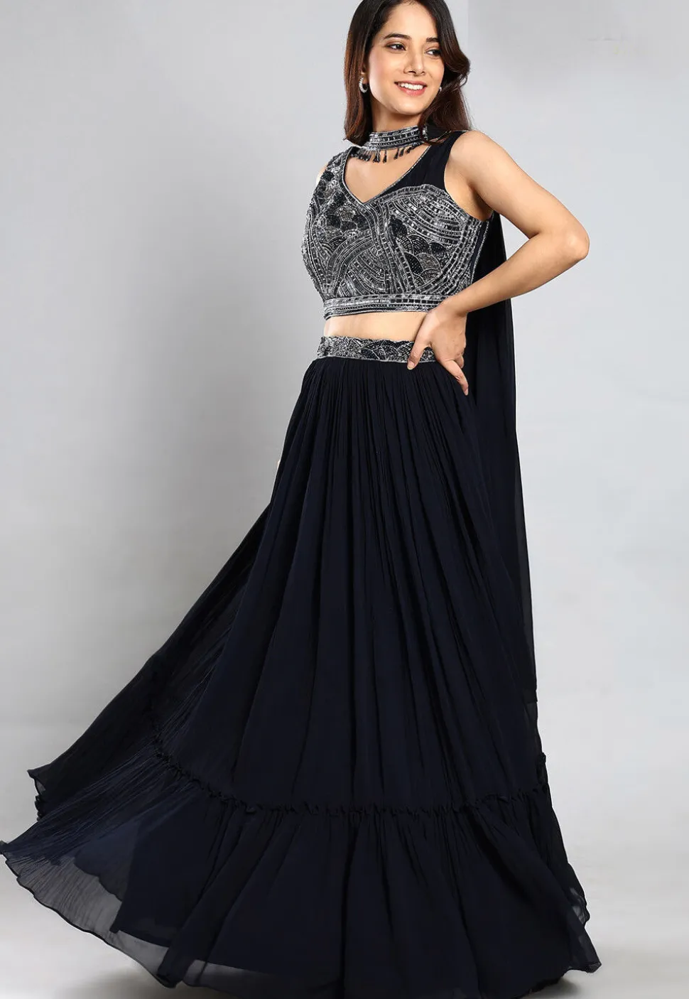Embroidered Georgette Lehenga in Navy Blue