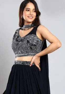 Embroidered Georgette Lehenga in Navy Blue