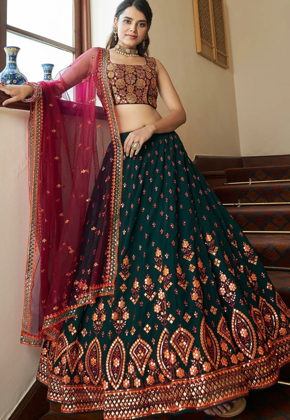 Embroidered Georgette Lehenga in Dark Teal Green