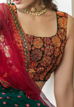 Embroidered Georgette Lehenga in Dark Teal Green