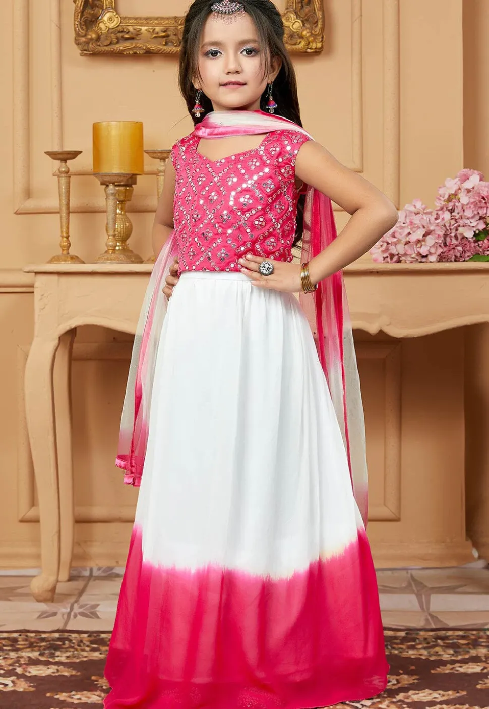 Embroidered Georgette Lehenga in Off White