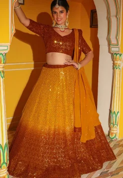 Embroidered Georgette Lehenga in Shaded Mustard and Rust