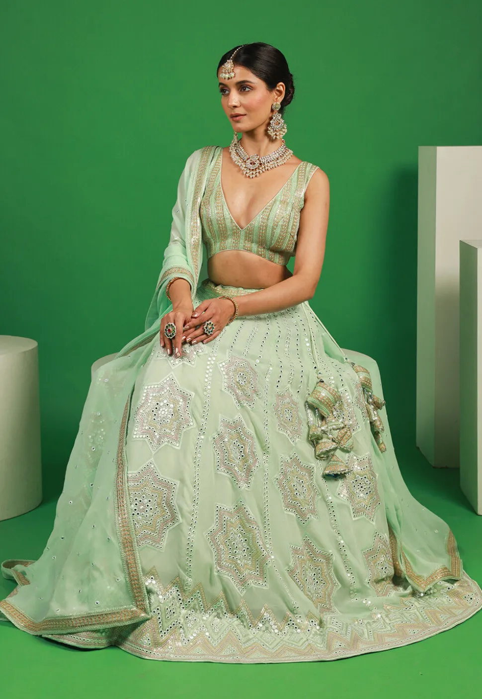 Embroidered Georgette Lehenga in Pastel Green