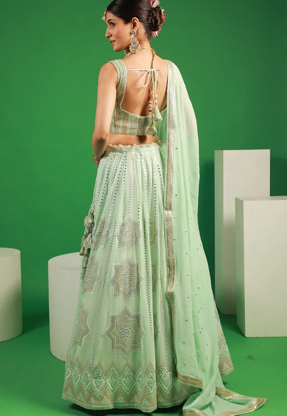 Embroidered Georgette Lehenga in Pastel Green