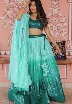 Embroidered Georgette Lehenga in Shaded Sea Green