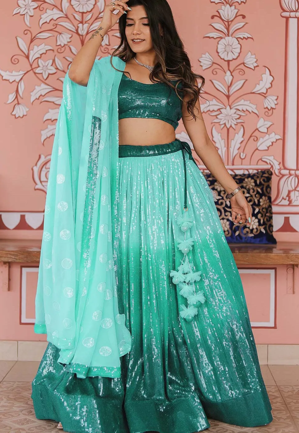 Embroidered Georgette Lehenga in Shaded Sea Green