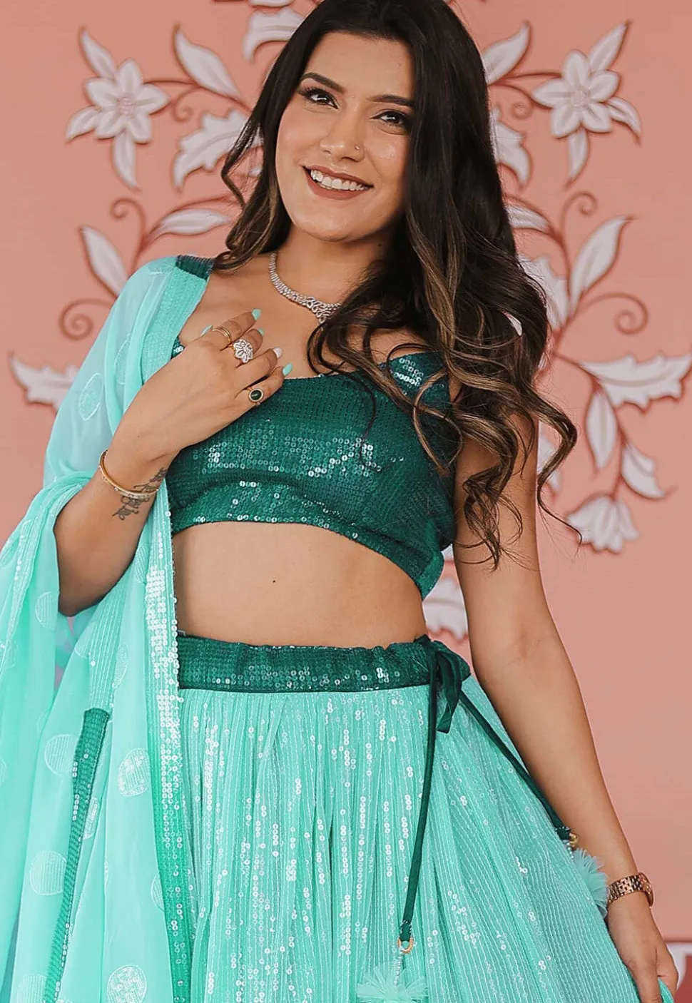 Embroidered Georgette Lehenga in Shaded Sea Green